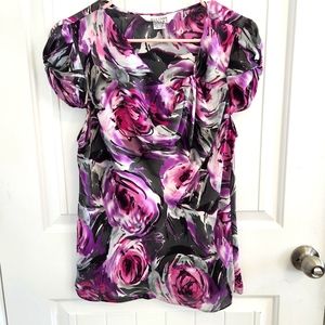 Allison Taylor Silk Grey Purple & Pink Roses Blouse Shirt Size Large